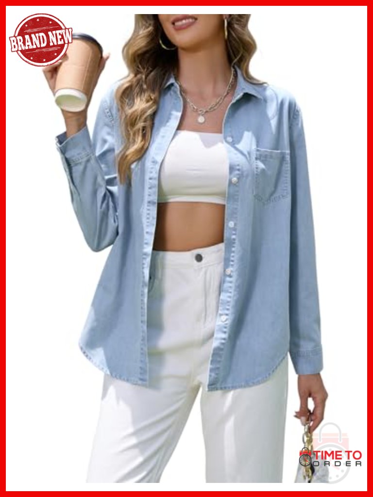 Denim Button Down Shirt Women Long Sleeve Chambray Western Top
